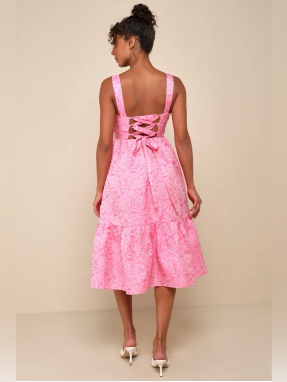 Lulus Spanish Getaway Pink Floral Lace-Up Midi Dress With Pockets Size XL - Picture 6 of 10
